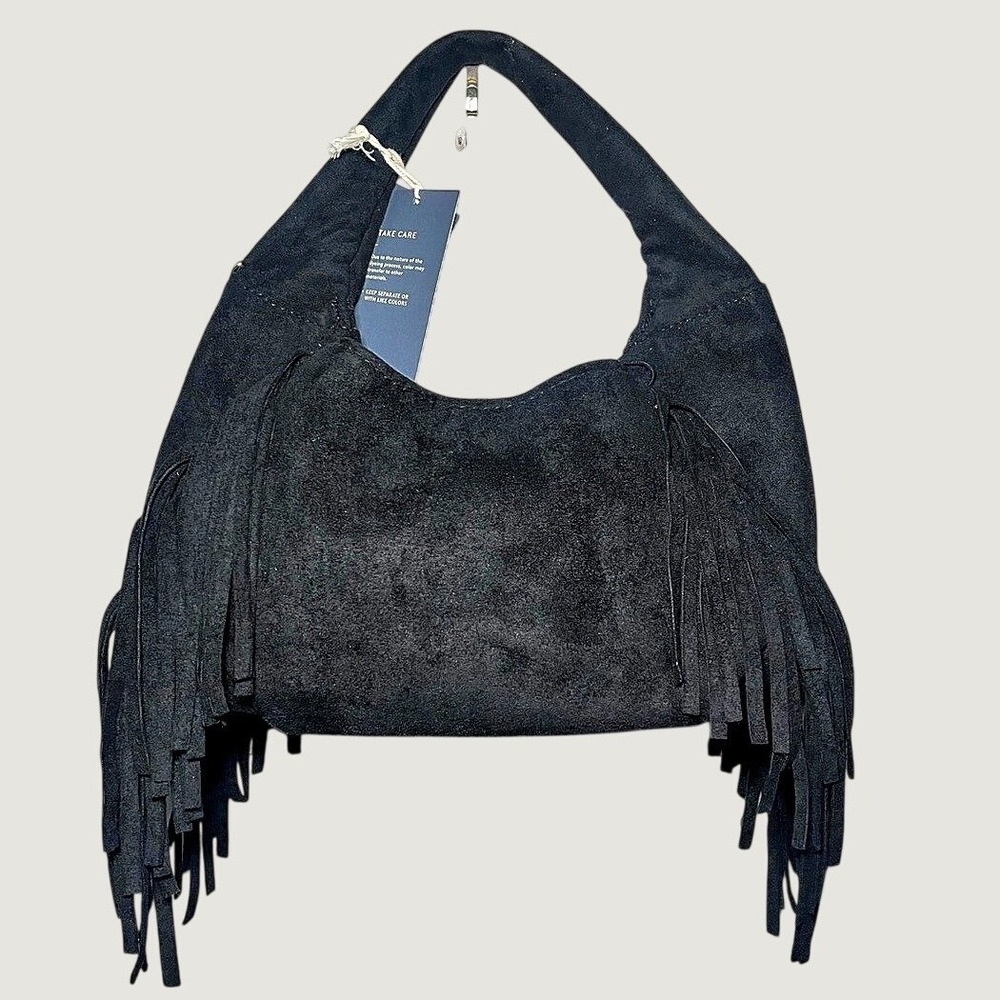 Universal Thread Soft Fringe Crescent Handbag Black Faux Suede Western Hobo NWT
